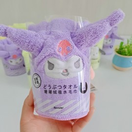 Cute Sanrio-Style Coral Fleece Towel with 3D Ears - Cartoon Kuromi & My Melody Design (35x75cm) With Card Header: White Magnolia Dog 4ea