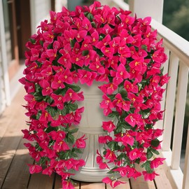 Besteek Artificial Bougainvillea Flowers Plants for Outdoors Decoration, 2 Pcs Faux Silk Flowers Long Trailing Fake Vines for Front Door Porch Planter Balcony Patio Summer Spring Home Decor, Hotpink