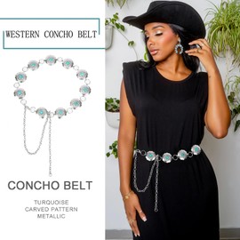 XuoAz Women Western-Concho-Chain-Belts Silver-Turquoise Belts Cowgirl-Country-Waist-Belts for Dresses Jeans Outfit