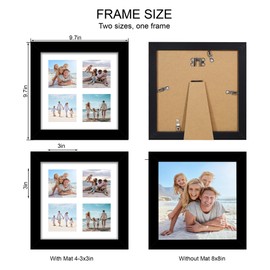 Hongkee 8x8 Picture Frame Set of 2, with Glass and Black Wood Frames, Display Collage Four Opening 3x3 With Mat or 8 x 8 Without Mat for Wall Hanging or Tabletop