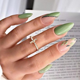 Green Press on Nails Medium Almond Fake Nails with Design Green Leaf Glue on Nails Cute False Nail Glossy Nail Tips Full Cover Acrylic Stick on Nail for Women Girls Manicure 24PCS