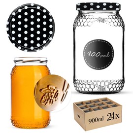 KADAX Honey Jars 900 ml Preserving Jars with fi82 mm Screw Lid Jars for Honey Jam Jars Screw Jars Preserving Jars (Black Polka Dots, Pack of 24)