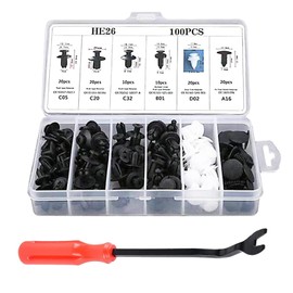 100 PCS Car Bumper Bolt Fastener Set, 6 Types of Door Panel Push Retainer Replacement HE26 with 6" Removal Tool, Bumper Push Retainer Clip Rivet Kit, Universal for Most Cars (White & Black)
