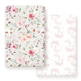 GRSSDER Fitted Pack n Play Sheets Set 2 Pack, Stretchy Ultra Soft Jersey Knit Portable/Mini Crib Sheets for Girls, Universal Fit for Pack N Plays Safe and Snug, Beautiful Flowers and Insects Pattern for Baby