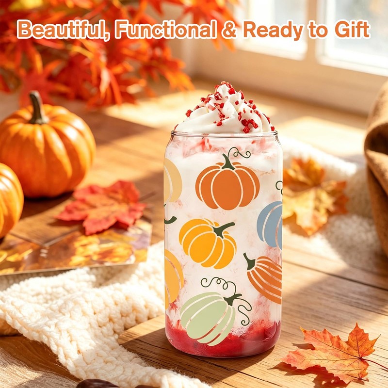 Fall Cups, 16oz Autumn Pumpkin Iced Coffee Glass Cup with