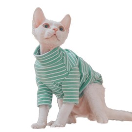 Sphynx Cats Warm Fleece Shirt Cat Turtleneck Undershirt Thermal Hairless Cat Clothes for Sphynx, Devon, Cornish Cat Clothes and Small Kitten and Dogs (Green Bold Stripe, Large)