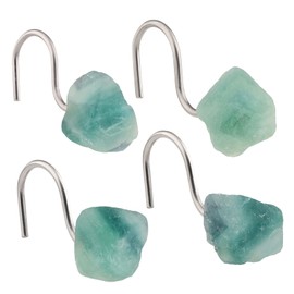 mookaitedecor Set of 4 Natural Green Fluorite Crystal Shower Curtain Hooks, Decorative Raw Crystals Stainless Steel Curtain Rings for Bathroom Home Decor