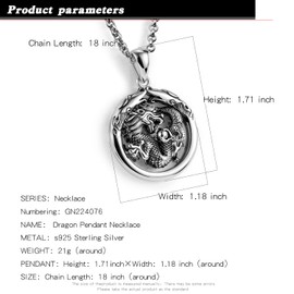 H&Beautimer Genuine 925 Sterling Silver Necklace - Men's Vintage Dragon Pendant Rolo Chain 18-20-22-24-26-28-30 Inch - Original Silver Jewelry (24 Inches, One Dragon)