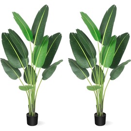 IDEALHOUSE 2 Packs Artificial Tree Bird of Paradise Artificial Plant, 48 Inches Artificial Faux Banana Leaf Plants with Pot, 4ft Artificial Standing Plants with 8 Trunks for Home Office Decor