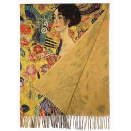 GFM® Wool Blend Cashmere Texture Painting Art Based Print Shawl Scarf for Autumn Winter (Klimt Lady with Fan)(PWSHL-FS-5130-A)