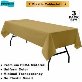 PartiPallete 3-Pack Premium Plastic Gold Tablecloth Disposable 54" x 108" Rectangle Table Cover Party PEVA Golden Table Cloths for Fall Parties Harvest Graduations Anniversary Thanksgivings Events