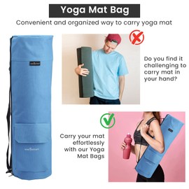 TJC Portable Yoga Mat Bag with Storage Pockets and Adjustable Shoulder Strap Yoga Mat Carry Luggage Bag Made of 100% Polyester Durable Lightweight Side Washable Travel Size 70x20x1 Cm - Light Blue