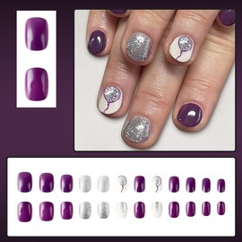 24 Pcs YEFIUO Christmas Purple Press on Nails Short Square Xmas Silver White Fake Nails Press ons Nail Art Tip Full Cover Acrylic False Nails Glue on Nails Stick on Nails with Balloons Glitter Design