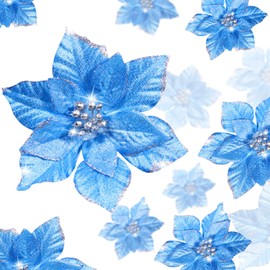 36 Pieces Glitter Poinsettia Christmas Tree Ornament Christmas Flowers Decor Ornament (Blue, 3 Inch, 4 Inch, 6 Inch)