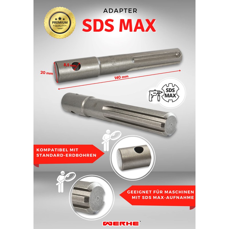 WERHE SDS Max Auger Adapter - Heavy Duty Steel with