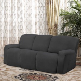 Easy-Going 8 Pieces Microfiber Stretch Sectional Recliner Sofa Slipcover Soft Fitted Fleece 3 Seats Couch Cover Washable Furniture Protector with Elasticity for Kids Pet(Recliner Sofa, Dark Gray)