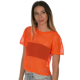 Sheer Mesh Fishnet Rave Festival Women's Crop Top, Neon Orange, X-Large