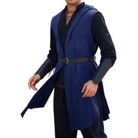 Runcati Mens Renaissance Costume Hooded Surcoat Medieval Knight Sleeveless Tunic Tops Tabard Viking Holloween Cloak Navy Blue