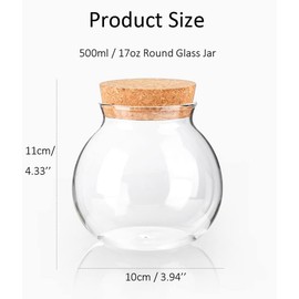 VASANA Airtight Clear Round Glass Jar with Cork Tea Caddy Container Vase Eco Bottle Small Ball Moss DIY Canister for Kitchen Storage Home Decoration 500ml 17oz