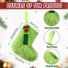 LaRandom 48 Pcs Christmas Faux Fur Stockings 6 Inch Mini Christmas Stocking Hanging Ornaments Small Fur Socks with Wooden Name Tag for Xmas Tree Home Fireplace Holiday Decor (Green,Heart)