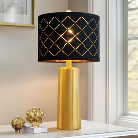 RORIANO 24" Modern Table Lamp for Living Room Bedroom, Gold Nightstand Resin Lamp with Black Grid Shade, Resin Contemporary Desk Lamp for Bedside End Table Office, Bulb Included