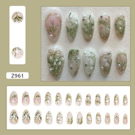 24Pcs Green Press on Nails Medium Almond Fake Nails White Pink Flower with Pearl Rhinestones Designs Full Cover Gold French Tip Nails Bow Stick on Nails Handmade False Nails for Women Acrylic Nails