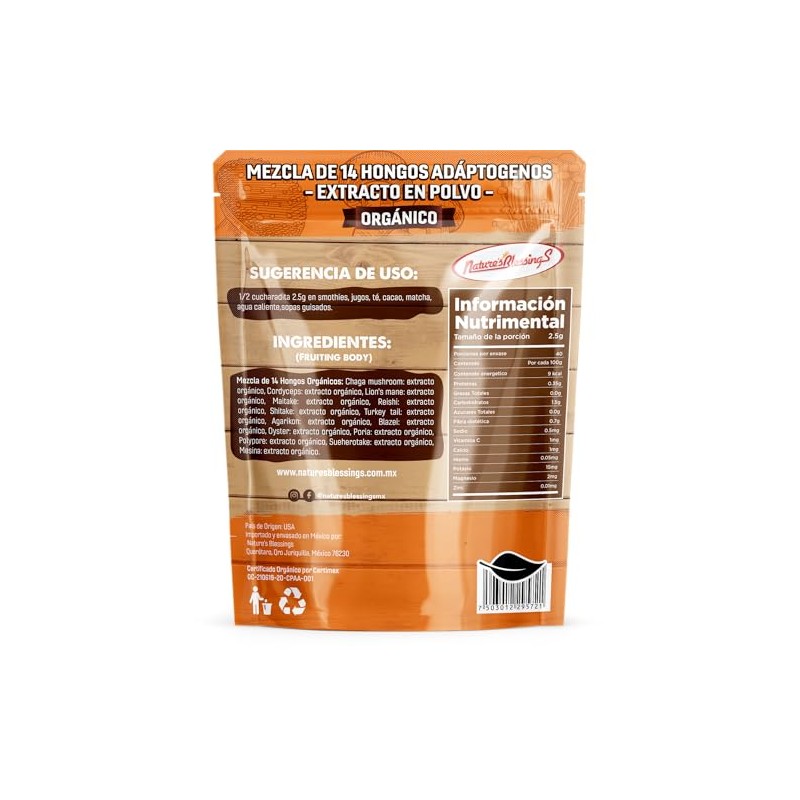 Mezcla de 14 Hongos Adaptógenos Orgánicos en Polvo | Nature's