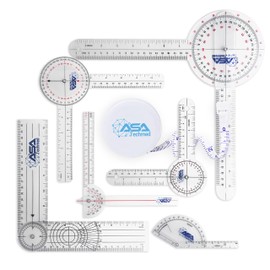 ASA TECHMED Goniometer Complete Set 6 Pieces + Body Measuring Tape - Physical Therapy, Occupational Therapy, Fitness, Medical Protractor Angle Ruler 12/8/6 Inches