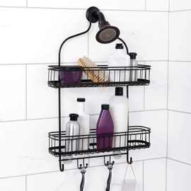 Zenna Home Shower Caddy Hanging Bathroom Organizer, Steel Shower Rack with 2 Extra Wide Shelves and Built in Hooks, Rust-Resistant Over Shower Head Caddy Storage System, Bronze
