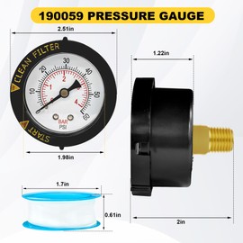 ECX2712B1 190059 Rear Mount Pressure Gauge with PTFE Sealant Tape Replacement for Pen-tair Pool/Spa Valve and Hayward ProGrid DE Filter, SwimClear Filter and XStream Filters Pool Filter Pressure Gauge