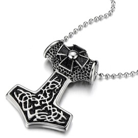COOLSTEELANDBEYOND Stainless Steel Thors Hammer Pendant Irish Celtic Knot Cross Necklace for Man, 30 inches Ball Chain