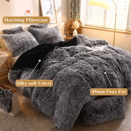XeGe Plush Shaggy Duvet Cover Set, Luxury Ultra Soft Crystal Velvet Fluffy Bedding Sets 2 Pieces(1 Faux Fur Furry Comforter Cover + 1 Fuzzy Faux Fur Pillow Case), Zipper Closure (Twin, Black Ombre)