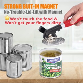 2 in 1 Safety Can Opener Manual Smooth Edge & Bottle Opener, No-Trouble-Lid-Lift Manual Can Opener with Magnet, Large Rubber Handle & Stainless Steel Blade, Side Cut Hand Can Opener for Kitchen (Red)