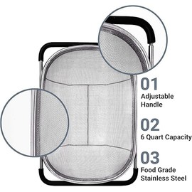 Over The Sink Stainless Steel Oval Colander Strainer Basket - Expandable Stainless Steel Colander | 6-Quart Capacity | Sink Strainer with Rubber Grip Handles For Strain, Drain, Fruits & Vegetables