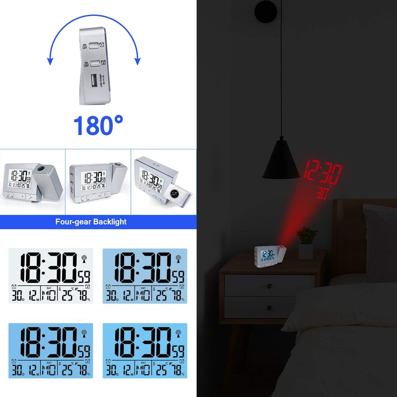 Projection Alarm Clock ALLOMN USB Charging Dual Alarms Clock with