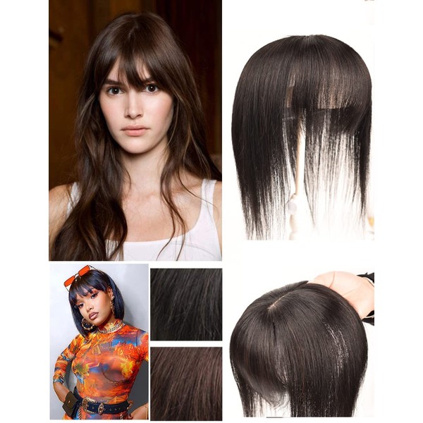 Eugenia Human Hair Toppers for Women Real Remy Hair 150% Density 8x12CM Silk Base with Bangs Clip in Hair Pieces Straight Hairpiece for Thinning Hair 12 Inch 3"*4.7" Natural Black