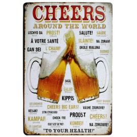 JIMOWANG Cheers Around The World Drinking Distressed Vintage Metal Signs for Cafes Bars Pubs Shop Wall Decorative Funny Retro Signs 8 x 12 Inch