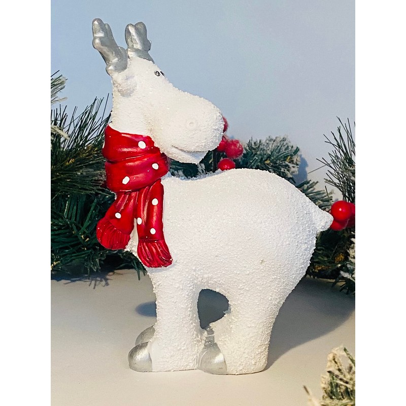 White Reindeer with Red Spotty Scarf Christmas Ornament (STANDING DEER