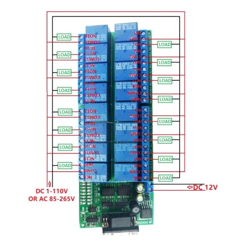 Jeanoko RS232 DB9 Female Interface 16-Channel Relay Board Serial Port