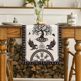 Artoid Mode Beige Viking Tree of Life Raven Helmet of Awe Table Runner, Seasonal Kitchen Dining Table Decoration for Home Party Decor 13x36 Inch