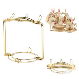 YOLIFE Gold Tea Cup Holder Display Stand, Metal Coffee Cup Rack for 6 Cups and 6 Saucers, Foldable Organizer-Elegant and Practical Accessory for Home or Office Decor