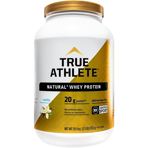 True Athlete Natural Whey Protein - Vanilla, 20g of Protein per Serving - Probiotics for Digestive Health, Hormone Free 2.5 Pound Powder
