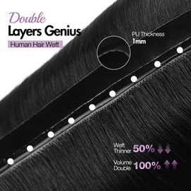 WIGER Invisible Hair Extensions Real Human Hair Double Layer Genius PU Skin Weft Hand-tied Injected Remy Human Hair Extensions Twin Tabs 18 Inches Black Micro Bead Hair Extensions No Glue No Clips