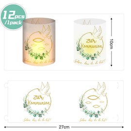Pack of 12 Tea Light Holders Table Decoration Communion Decoration Eucalyptus Green First Communion Decoration Boy Girl Christening Decoration Communion Party Favours Schön DASS Du Da Bist, for Tea
