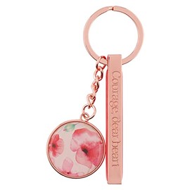 Heartfelt Women's Keychain, Rose Gold Metal w/Floral Coral Poppies Pastel Watercolor Flower Art Design Courage Dear Heart Engraved Inspirational Quote Accessory for Her, Split Ring, Keepsake Tin