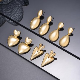 4 Pairs Gold Plated Teardrop Dangle Earrings Set Hypoallergenic Lightweight 14K Gold Waterdrop Heart Geometric Drop Earrings Pack for Women Fashion Jewelry