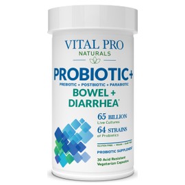 Vital Pro Naturals - Bowel and Diarrhea Probiotics + Prebiotics, Postbiotics, Parabiotics, Health Supplement for Adults, High Potency with 65 Billion CFU, 64 Strains, Supports Intestinal Health 30 ct