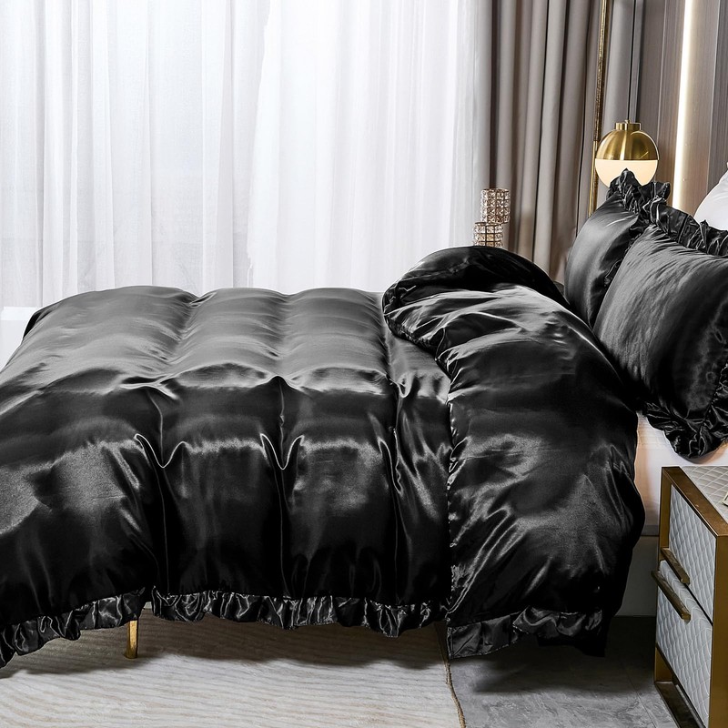 Guchuang Bedding Black Silk Ruffle Bedding Set Luxury Duvet Cover