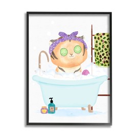 Stupell Industries Children's Tiger Bubble Bath Cute Safari Animal Bathroom Black Framed Wall Art, 24 x 30, White