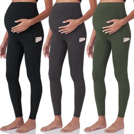 POSHDIVAH 3 Pack Black Grey Green Women's Maternity Workout Leggings Over The Belly Pregnancy Yoga Pants with Pockets Small